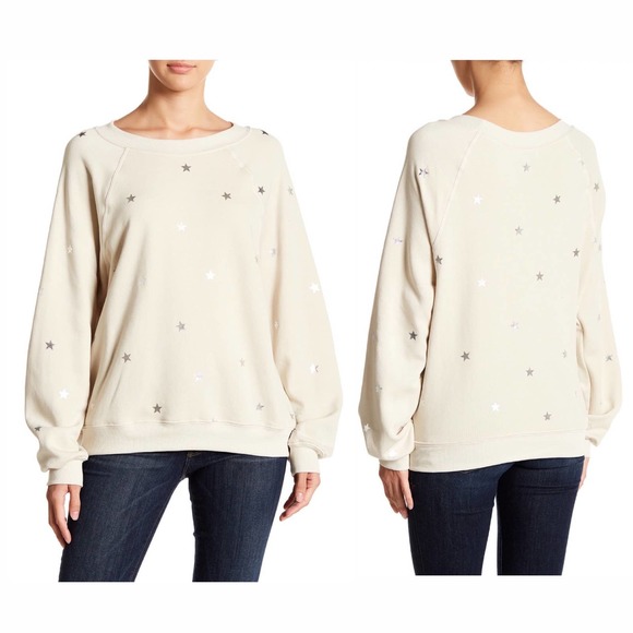 Wildfox Beige Twinkle Foil Star LS Crew Sweater - Picture 7 of 7